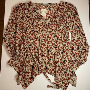 Brown and Orange Ruffled Tie Front Blouse 3/4 Sleeve